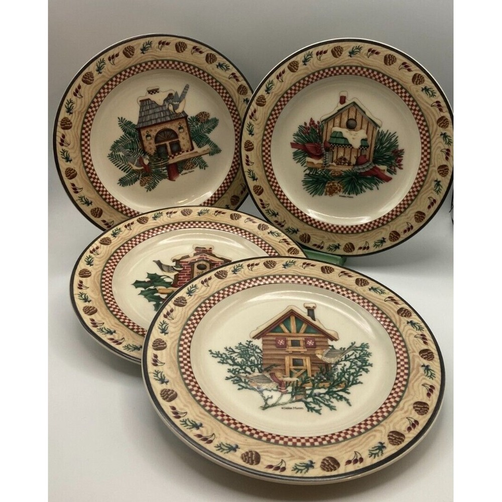 Sakura Debbie Mumm Winter Birds‎ Salad Plates Set of 4 Cardinals Jays Chickadees